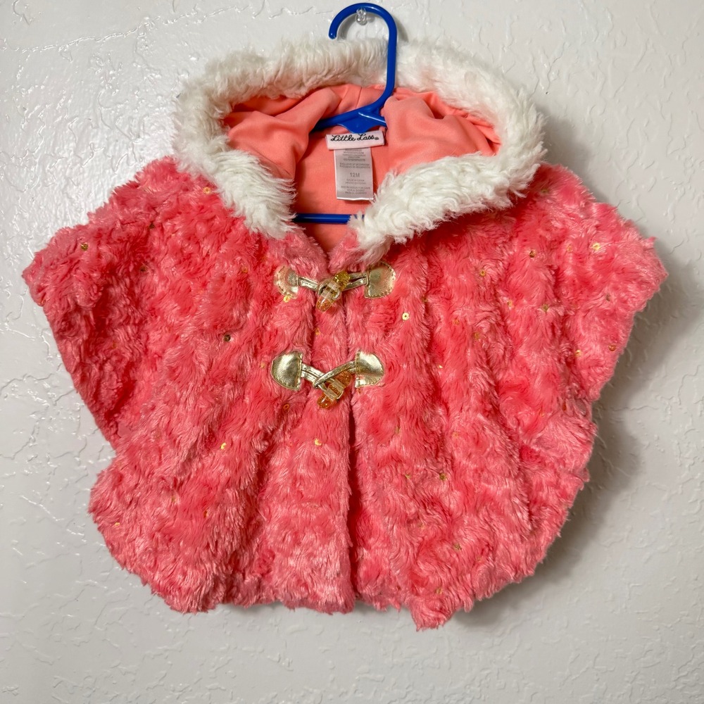 Little Lass Pink Faux Fur Hooded Poncho Capelet Gold Sequins Toggle 12M Kids